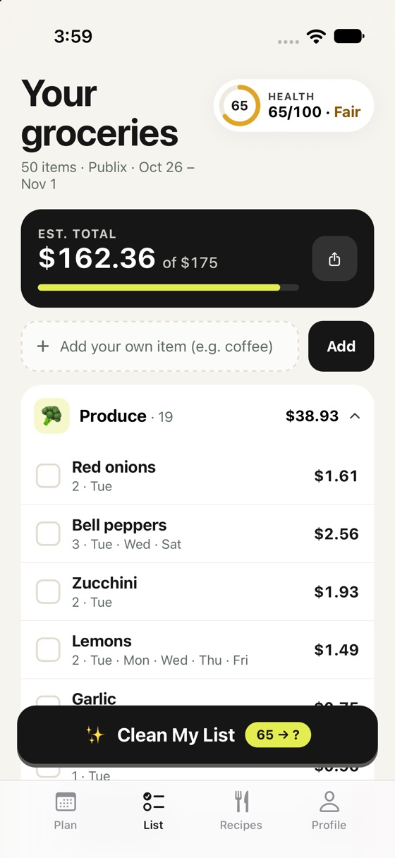 Grocery list grouped by aisle with estimated total