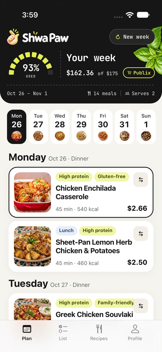 Shwa Paw weekly plan: 14 meals, $162.36 of a $175 budget at Publix