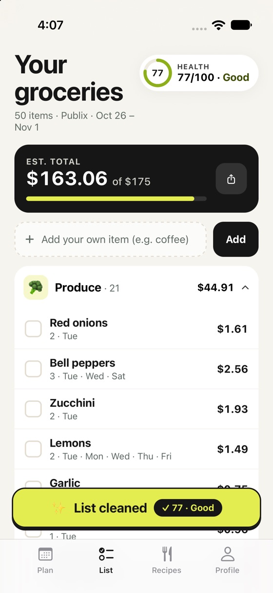 Cleaned grocery list with a Good health score